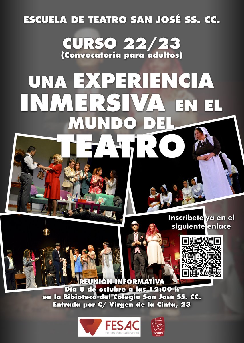 ¡Volvemos!
📣Ahora sí... ¿Quieres aprender a hacer? ¿Subirte al escenario? Esta es tu escuela!!¡Abrimos plazo de inscripción! 📲
¡Clases para mayores de 18 años!

📅 Sábado 08 de octubre
⏰ 12:00h
📌 Biblioteca de <a href="/SanJoseSSCC/">Colegio San José SSCC</a> 

+INFO: escuelateatrosscc@colegiosanjosesscc.es