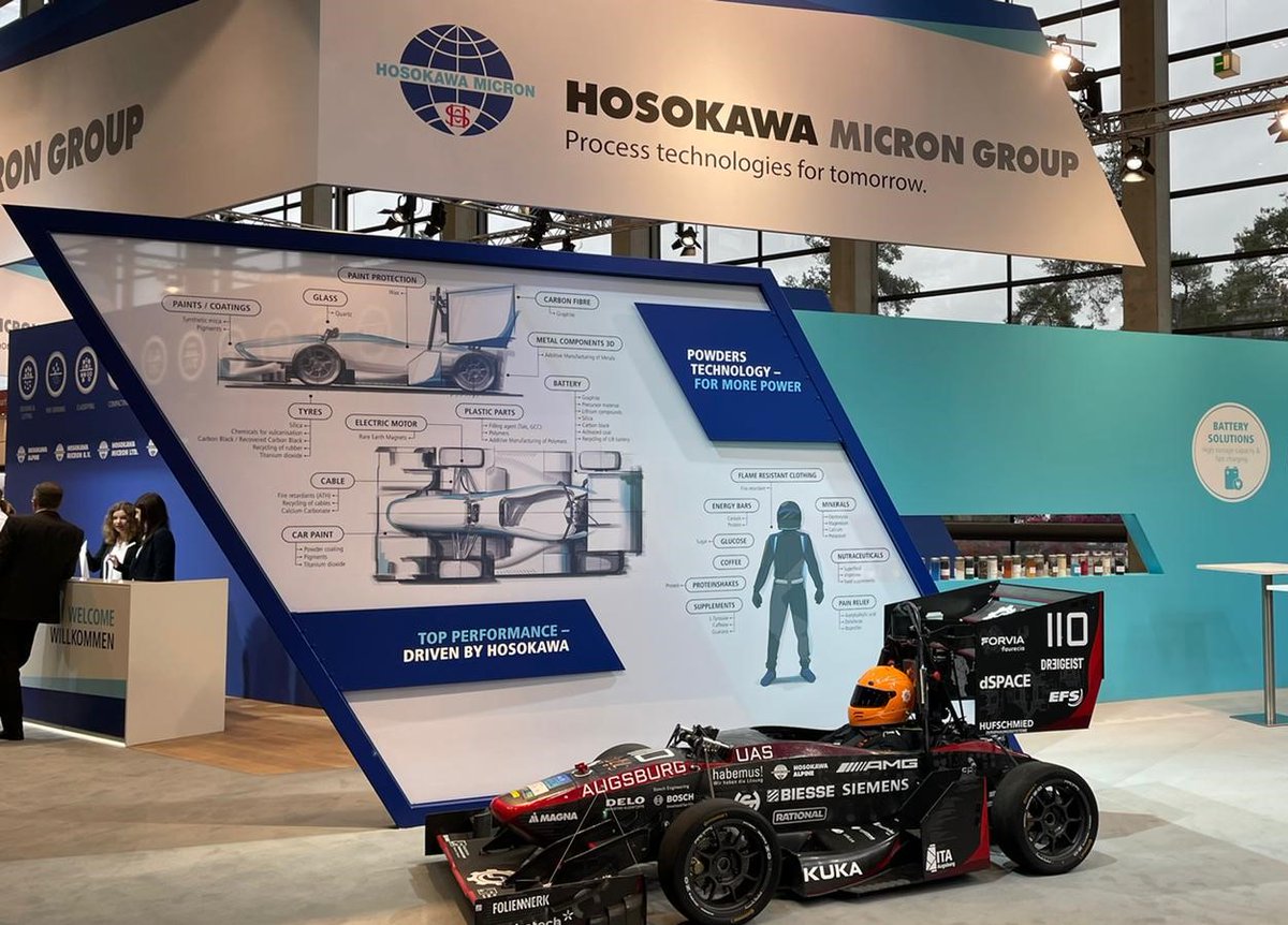 HMLUK's tweet photo. POWTECH 2022 has finally opened its doors and we are happy to welcome you at our stand in Hall 4A Booth 4A-207! Visit us to learn more about our powder processing systems and other fascinating information, including what a battery-powered race car has to do with Hosokawa Micron https://t.co/vwA0DaEIRM