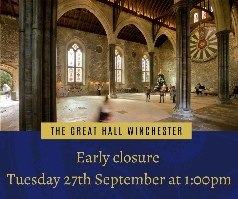 The Great Hall is closing to the public early today (Tuesday 27th September) at 1:00pm, with last entry at 12:30. The early closure is to set up for the @HaresHampshire auction - watch it online at haresofhampshire.co.uk/event/auction/