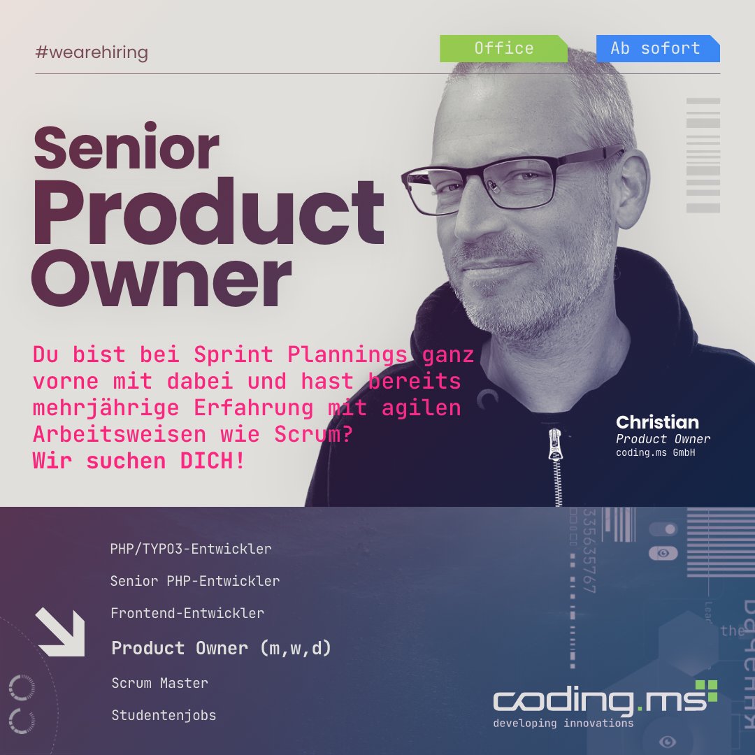 codingms's tweet image. Du bist bei 𝗦𝗽𝗿𝗶𝗻𝘁 𝗣𝗹𝗮𝗻𝗻𝗶𝗻𝗴𝘀 ganz vorne mit dabei und hast bereits mehrjährige Erfahrung mit agilen Arbeitsweisen wie 𝗦𝗰𝗿𝘂𝗺? Wir suchen DICH!
👉 coding.ms/job/product-ow…
#münster #codingms #productowner