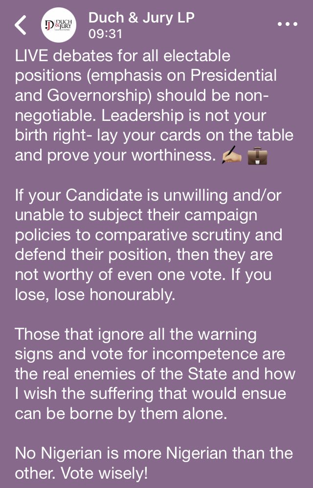 DucheJo's tweet photo. #VoteWisely #NigeriaDecides2023  #electionseason #rescuenigeria #takebackyourcountry #Obidatti023 #Tinubu #atiku #tambuwal #livedebates #politics https://t.co/I09Px9FfbM