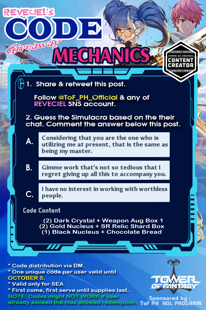 RCA1188's tweet image. Cobalt-B banner soon! 
Let&apos;s have a quick mini challenge for fellow wanderers/ executors~
Correct answers will provided 5 codes to redeem!
Carefully read and follow the mechanics.
Good luck!
#ToF #TowerofFantasy #CodeGiveaway