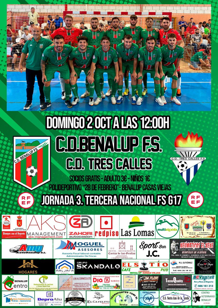 🟢CD Benalup FS - CD Tres Calles🔴

🔸Jornada 3. Tercera División Nacional FS G17🔸

🗓️ Domingo 2 Octubre 12:00h

🏟️ Pabellón 28 de Febrero

Este domingo toca duelo igualado ante el equipo sevillano <a href="/CDTRESCALLESFS/">C.D. TRES CALLES F.S.</a> . Esperamos vuestro apoyo en las gradas. ¡Vamos Benalup! 💚❤️