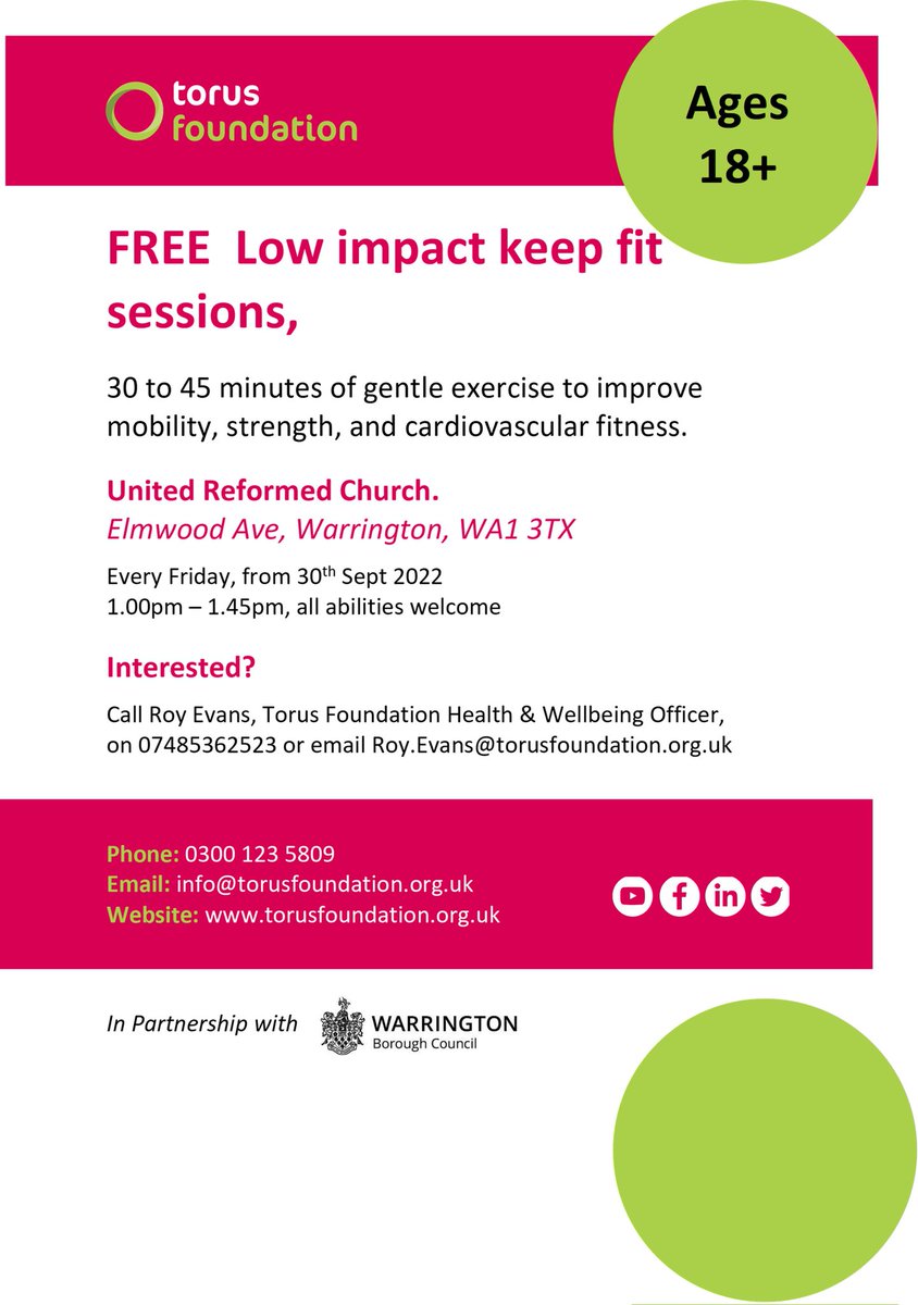 Free low impact keep fit sessions starting on Friday 30.9.22 at United Reformed Church in Warrington. These have become very popular across the borough. Suitable for all abilities. Come and join us, you will love it. Refreshments afterwards.<a href="/TorusFoundation/">Torus Foundation</a>