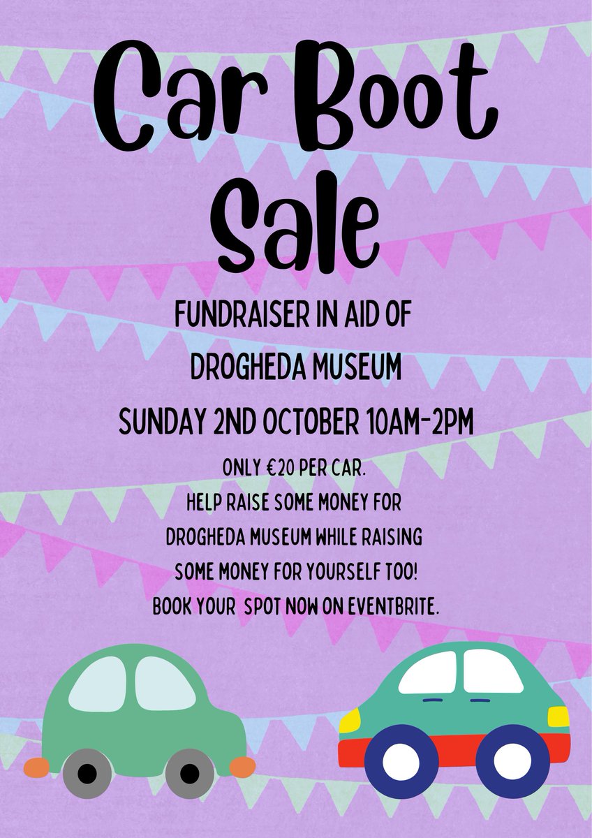 DMillmount's tweet photo. This Sunday folks! Come on down and grab a bargain.
Parking for those that are not selling will be in St. Mary's carpark behind the Millmount Bar.
#Drogheda #CarBootSaleIreland #ShopLocal #DroghedaOnTheBoyne #Millmount #Fundraiser #LouthChat https://t.co/tAGmv9h96O