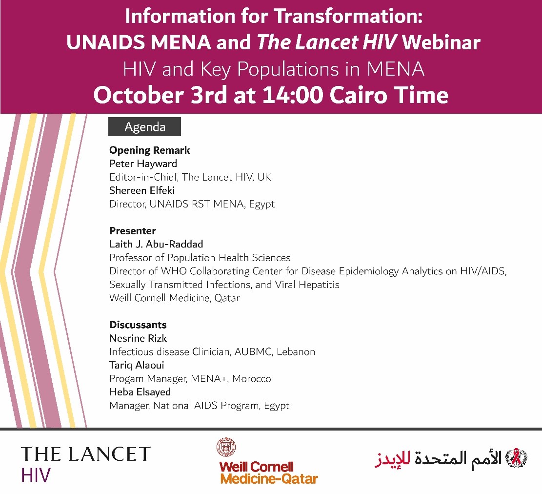 Join @UNAIDSMENA and <a href="/TheLancetHIV/">The Lancet HIV</a> for a webinar on HIV and Key Populations in MENA on Oct 3, 2022 at 14:00 EET: wcmq.zoom.us/j/95911083506 
Led by Peter Hayward, <a href="/shereenelfeki/">Dr Shereen El Feki</a> + <a href="/Laith_AbuRaddad/">Laith J. Abu-Raddad</a> with <a href="/IDinBeirut/">Nesrine Rizk</a>, Tariq Alaoui + Heba Elsayed 
Read the paper: thelancet.com/journals/lanhi…