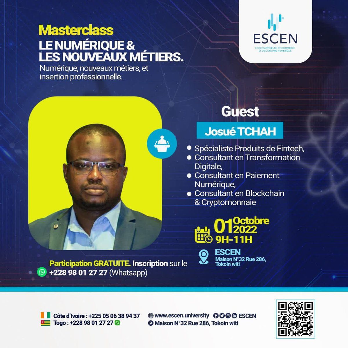 efysaboutey's tweet photo. Ce 1er Octobre il y aura une chouette Masterclass sur les métiers du numérique à l’ESCEN (Tokoin Ouiti)

Ça commence à 9h00 donc soyez à l’heure 🥹🥹👍 https://t.co/4ee8OHMn6F