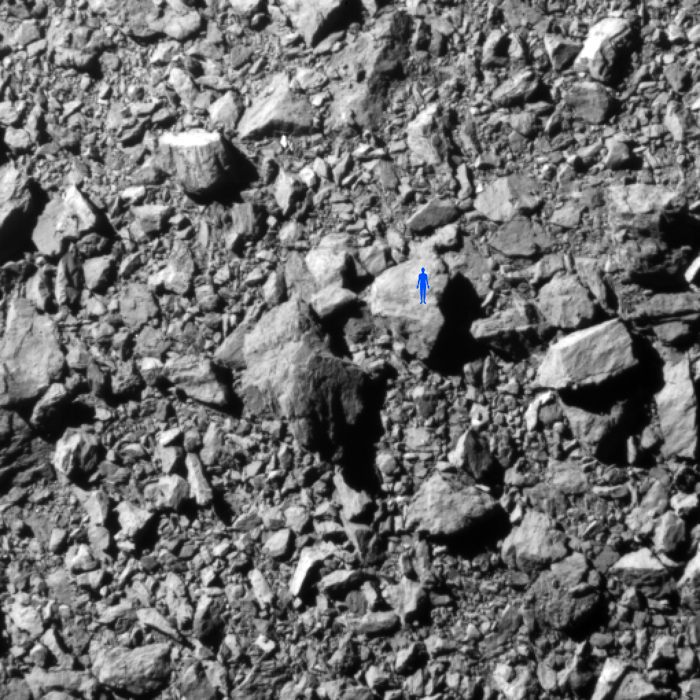willgater's tweet photo. JHUAPL say that the #DARTMission image below shows a region 31m wide. By my calculation that would be an image scale of roughly 3cm/pixel. I've dropped a small, blue figure into the frame to show how big a 160cm tall human would be in this scene.

Credit: NASA/Johns Hopkins APL https://t.co/dwXsFnEUMo