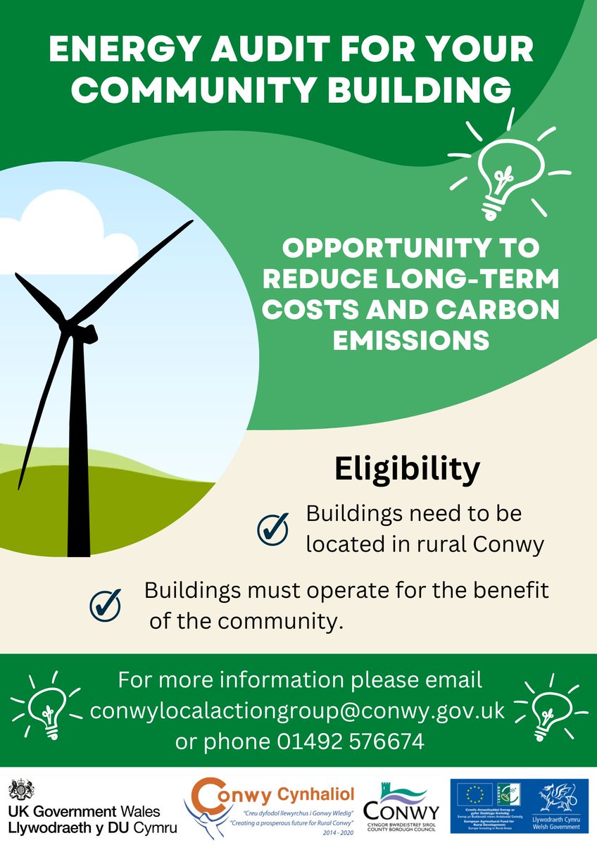 ConwyRural's tweet photo. WOULD YOU LIKE AN ENERGY AUDIT FOR YOUR COMMUNITY BUILDING?
Conwy Cynhaliol are seeking community buildings, such as village and town halls, sports clubs and community-owned enterprises that wish to reduce costs and carbon emissions. https://t.co/Lwx6CYmaP6