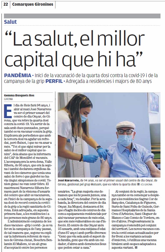 grupmutuam's tweet photo. El Centre de Dia Onyar, gestionat pel Grup Mutuam, va rebre ahir un equip de #vacunació en el marc de la campanya per administrar la 4a dosi a persones de 80 anys o més i a usuàries i professionals de residències de gent gran. #COVID19 #vacunes https://t.co/JQ9GOz8jf2