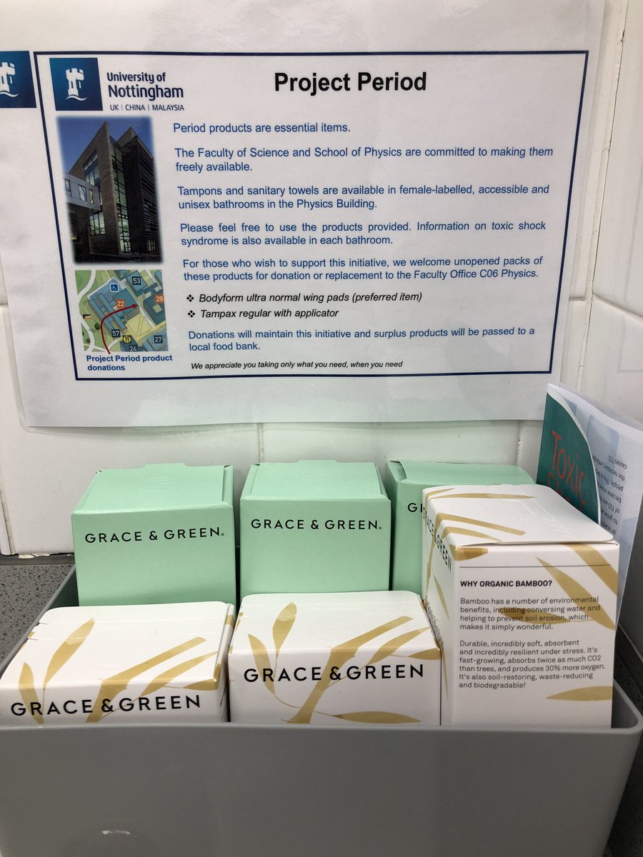 UoN_Physics's tweet photo. We are pleased to announce that we have joined #ProjectPeriod a now University-wide drive to make period products freely available. Tampons and sanitary towels will be available in certain bathrooms in the Physics Building. They are free to take, with no justification https://t.co/ooADlHajzY