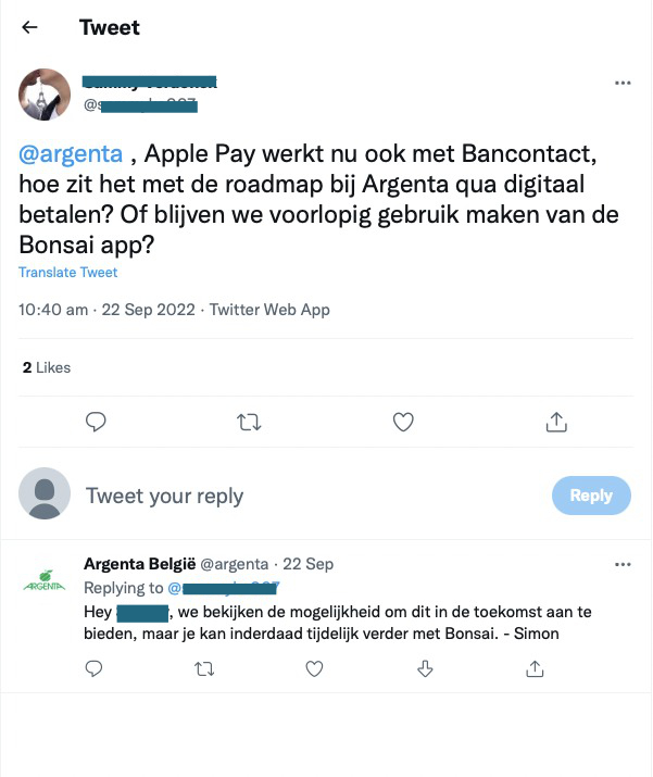 Bedankt <a href="/argenta/">Argenta België</a> voor de aanbeveling bij jullie klanten. 

Elke Belgische bankrekening kan je koppelen aan onze app &amp; zo Apple Pay of Google Pay activeren. 
Heel handig om zo overal, waar ook ter wereld, met je smartphone of smartwatch te betalen. 
Elke 10 betalingen = 1 boom 🌳