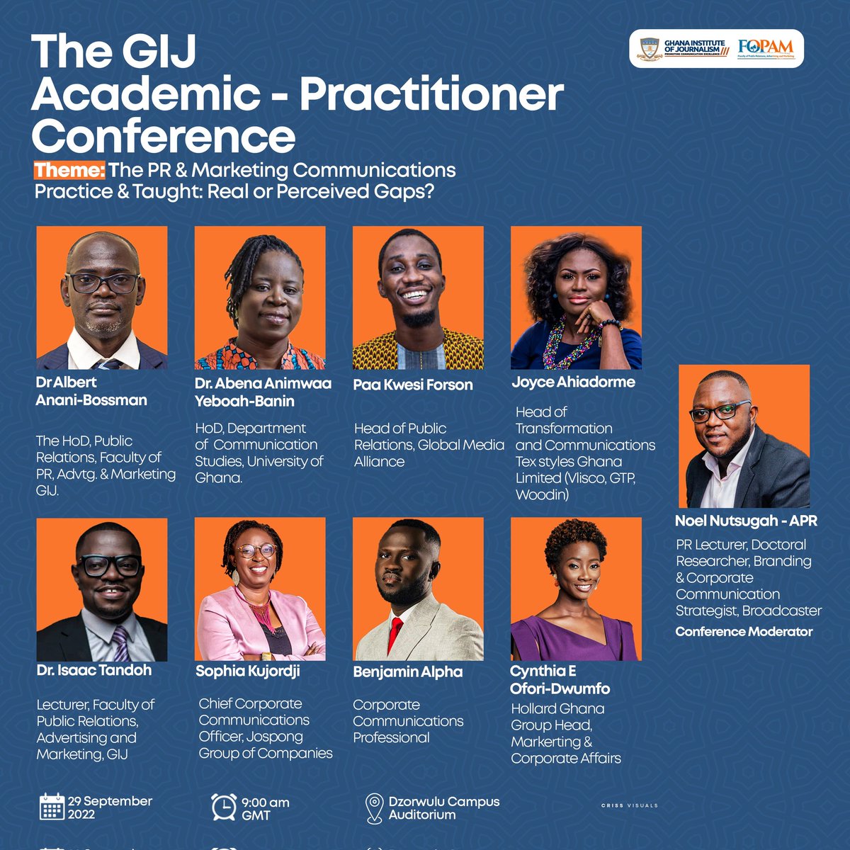 FOPAM_GIJ's tweet photo. We’re set! Meet our panelists for the first GIJ academic-practitioner conference. The conference's goal is to analyse "perceived" gaps in how PR and MARCOMS are taught and applied. It's on Sept. 29 at 9 a.m. We heartily invite you! https://t.co/HaikEs3aTM