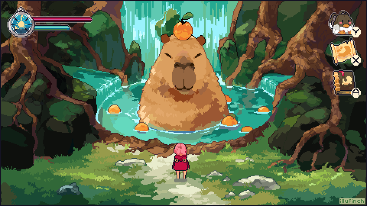 illufinch's tweet photo. give the capybara an orange? 
>yes
>no
#pixelart #ドット絵 https://t.co/jGle3szudY