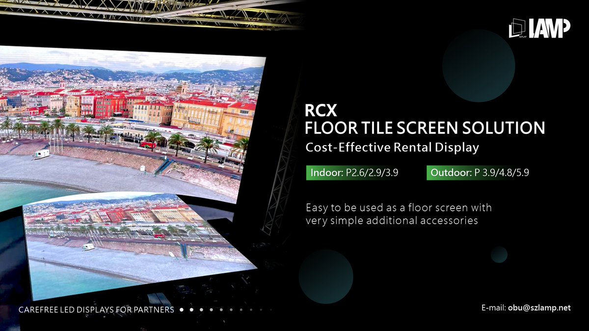 With simple accessories, RCX series turns the floor into a colorful screen, bringing the stage to life. It's an ideal way to own a cost-effective rental LED display and floor tile screen at the same time but without extra cost.  #LAMP #leddisplay #rental