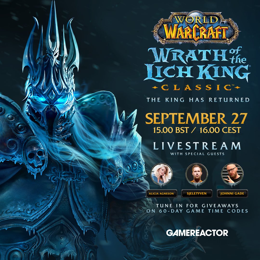 #sponsored The King Has Returned! To celebrate the launch of Wrath of the Lich King I will participate in a livestream, hosted by Gamereactor. It will take place at 16-18 CEST today. Read more bit.ly/GRWOTLKC
 
#gamereactor #wow #worldofwarcraft #wotlk #wrathofthelichking