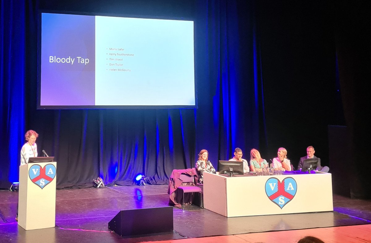 AlixMurph's tweet photo. Time for the much anticipated debate! Management of a bloody tap with epidural for Open AAA Repair - will a UK consensus be reached in Belfast today? @vasgbi #VASGBI2022 https://t.co/4VFR0v3Hcc