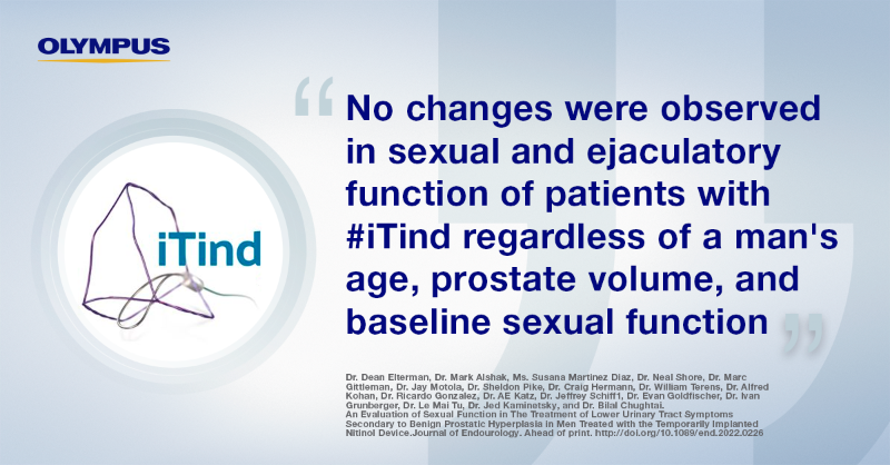 OlympusMedUKIE's tweet photo. In a new scientific paper, @DrDeanElterman has concluded 'No changes were observed in sexual and ejaculatory function of patients with #iTind regardless of a man's age, prostate volume, and baseline sexual function', in a study of 185 men

Read it in full:
https://t.co/Ejm1ubdsYu https://t.co/lpTAbvqldu