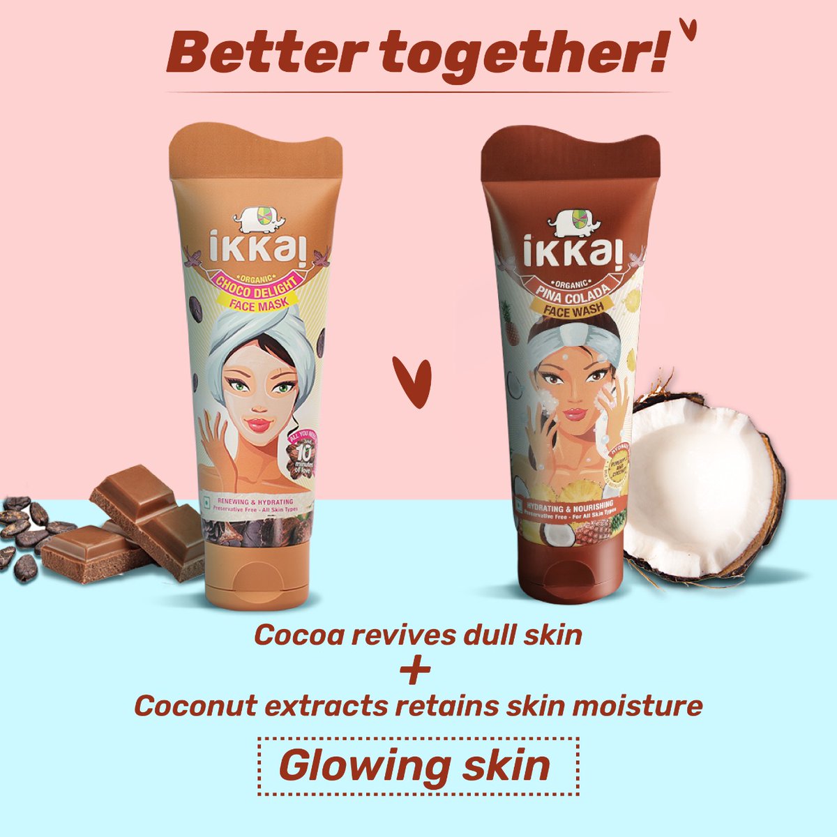 Quench your skin’s thirst with the hydrating Pina Colada Face Wash, enriched with the goodness of coconut milk and pineapple. It helps hydrate, calm, and clarify skin followed by choco delight face mask which renews and hydrates your skin while leaving a glowing effect.
