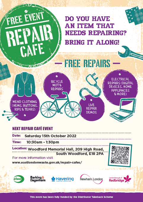 SaiqaQH's tweet photo. FREE EVENT! The #RepairCafe will be in #SouthWoodford on October 15th, in the Woodford Memorial Hall. Take along your items and give them a new lease of life♻️ #recyclefyc #recycleup #reuse #community https://t.co/hKtClGsHcx