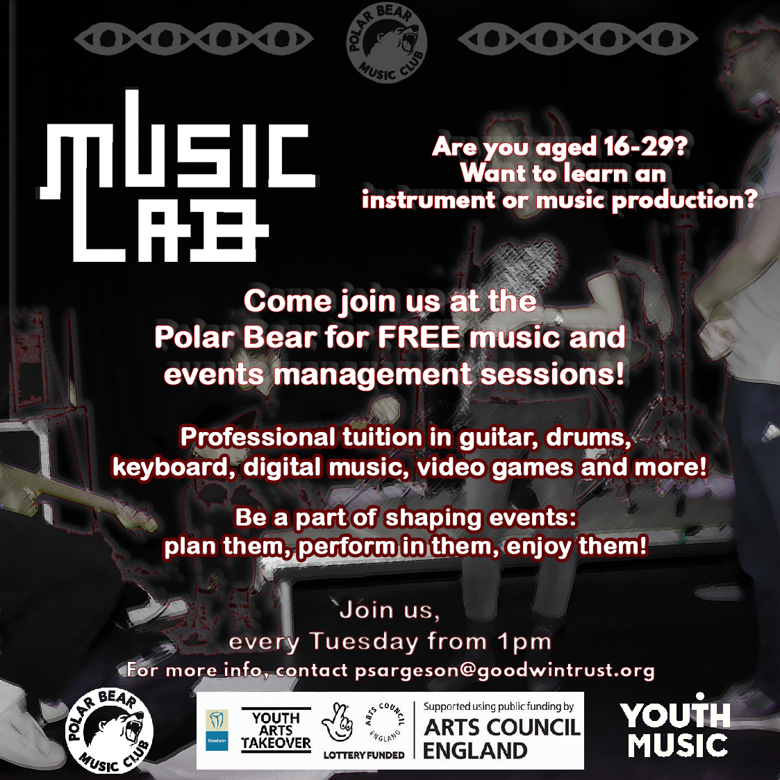 The MusicLab is back at <a href="/PolarBearRoars/">Polar Bear Music Club</a> starting today! If you want to try your hand at music, be it digital or live performance, drums, guitars, keyboards, or anything else, the MusicLab is the project for you!