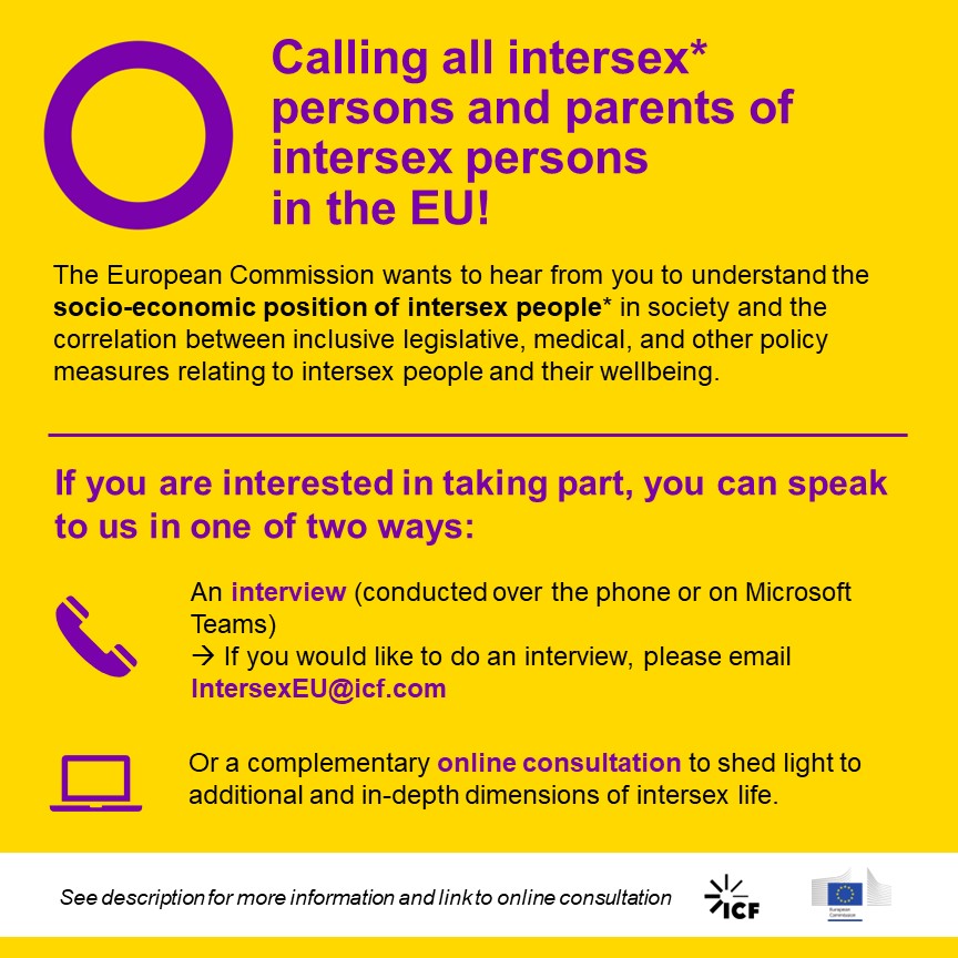 ILGAEurope's tweet photo. The @EU_Commission wants to hear from intersex people &amp; their parents as part of their consultation process. You can join the research via an interview over 📞 or 💻 or via a survey. For an interview, contact intersexeu@icf.com or for the survey, visit https://t.co/vGGHeZOWwc https://t.co/rbOc4uvxHW