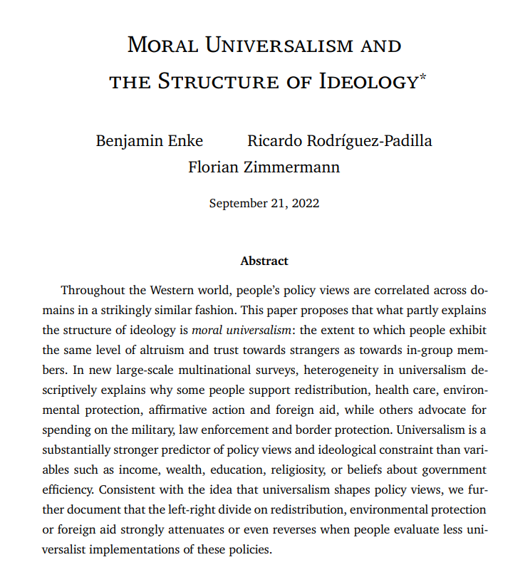 RevEconStudies's tweet photo. Recently accepted by REStud, ``Moral Universalism and the Structure of Ideology", by Enke, Rodriguez-Padilla and Zimmermann.

https://t.co/zCemuIymsb https://t.co/DqJWhEdmxO