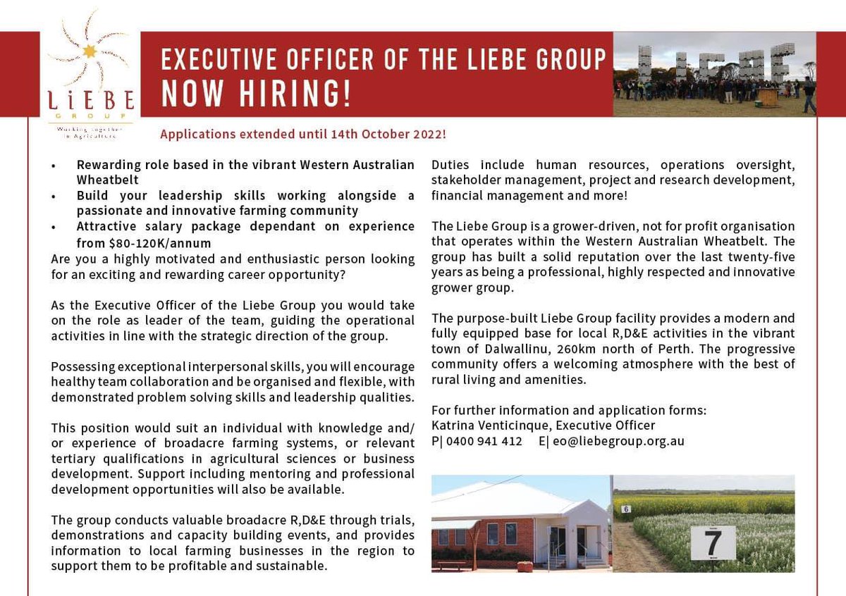 LiebeGroup's tweet photo. Liebe is still on the lookout for our next Executive Officer! With a great remuneration package on offer, this position provides the opportunity to expand your leadership skills and networks within the industry, as well as work alongside innovative farmers &amp; a hard-working team. https://t.co/lKzO5HijJR