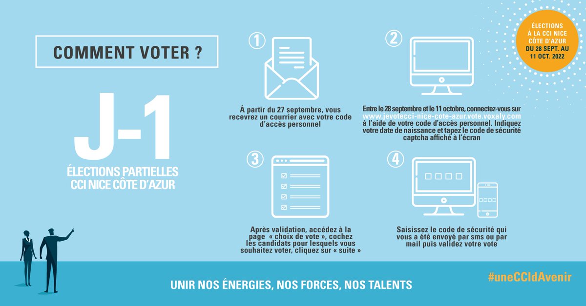 UPE_06's tweet photo. 📥 Elections partielles Industrie CCI Nice Côte d'Azur 📥

Le scrutin commence dès demain ! Avez-vous reçu votre code d'accès par courrier ?

📆 Votez pour la liste UPE06 du 28 septembre au 11 octobre 2022 !

➡️ https://t.co/Bty2z6j25u

#uneCCIdAvenir #electionsCCINCA https://t.co/GJ6Po8eaGI