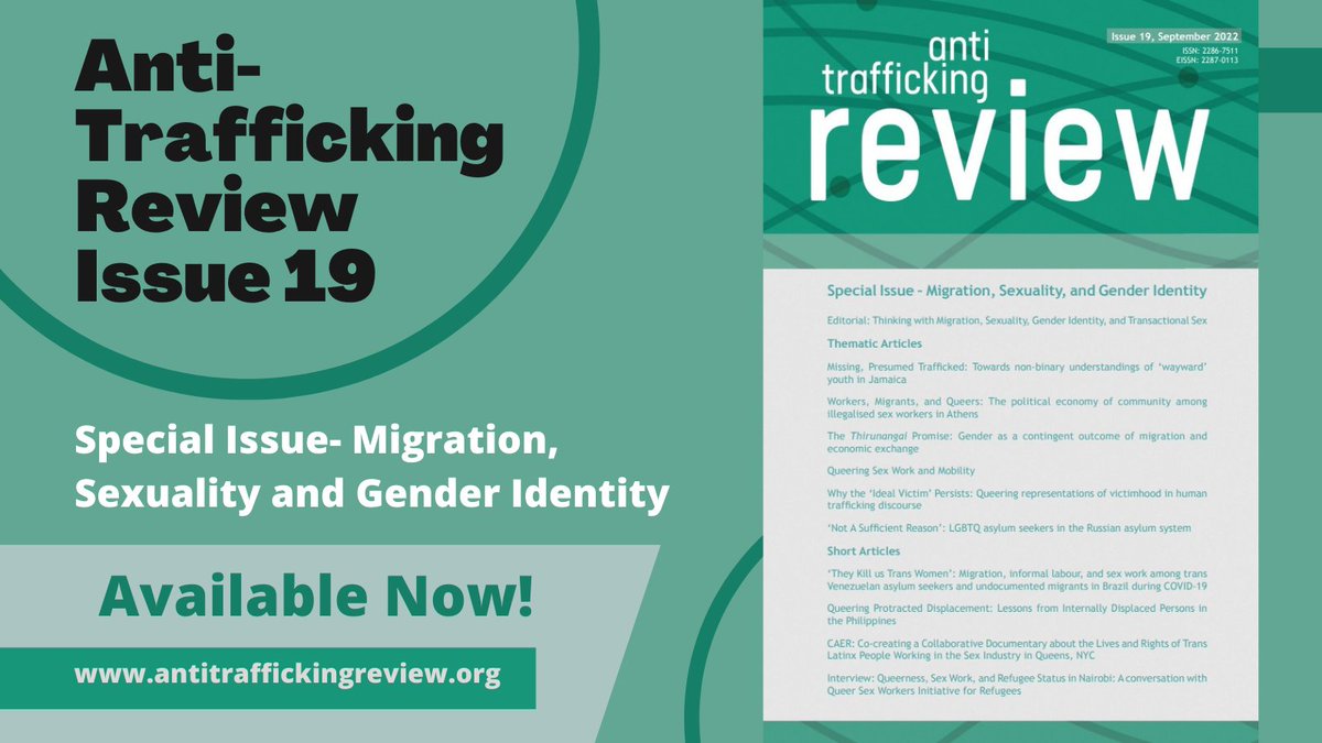 GAATW_IS's tweet image. Today we published the new issue of Anti-Trafficking Review 👉🏽antitraffickingreview.org/index.php/atrj… It presents new research on the experiences of #LGBTQ+ people with #migration, #asylum, informal labour, exploitation &amp;amp; community-building away from home. Guest editor Svati P Shah 🔖🧑🏽‍🎓🏳️‍🌈