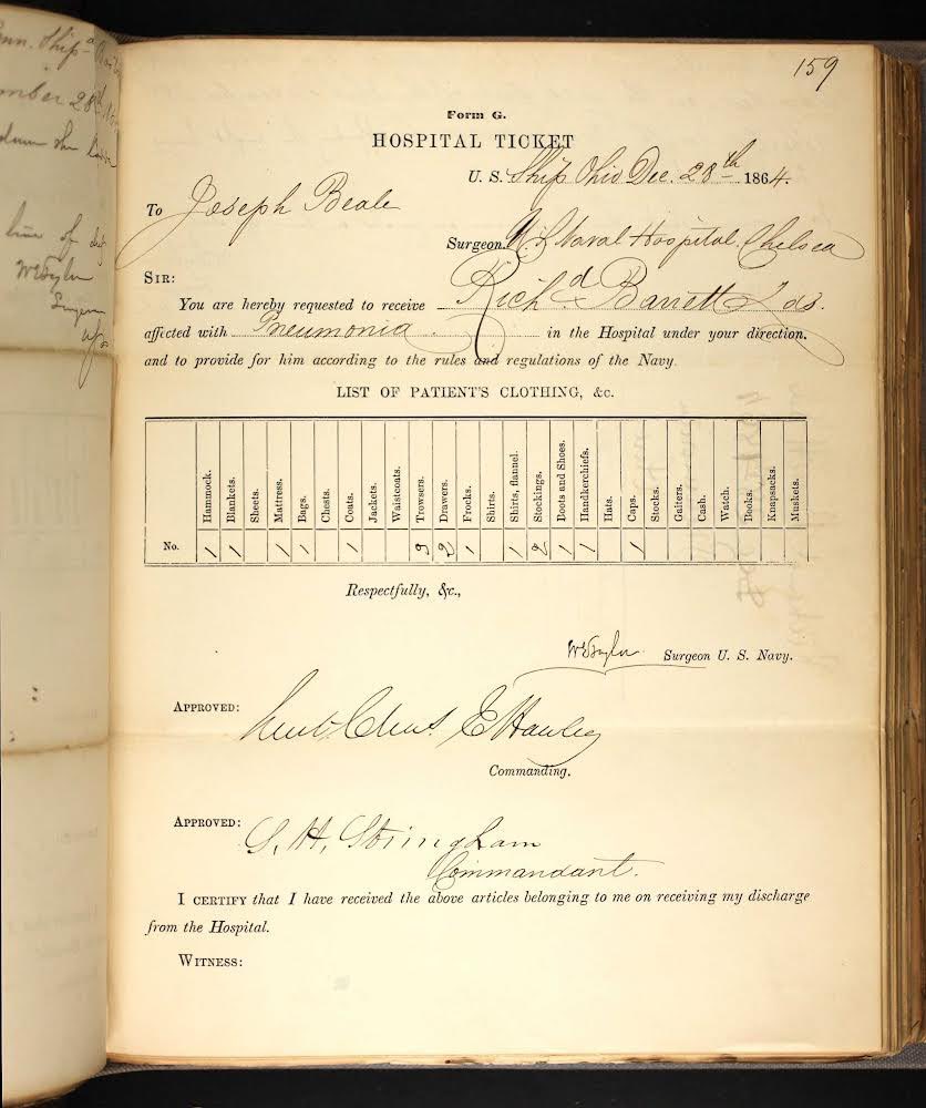 AbbeygateStreet's tweet photo. @CWBluejackets @irishacw And have also managed to track down a hospital ticket from Chelsea Mass, which correlates with his pension files. Contracting pneumonia in Boston in the Winter of 1865/65. Prior to his transfer to Wachusett and adventures in Asia. https://t.co/fOxmXZ9G6L