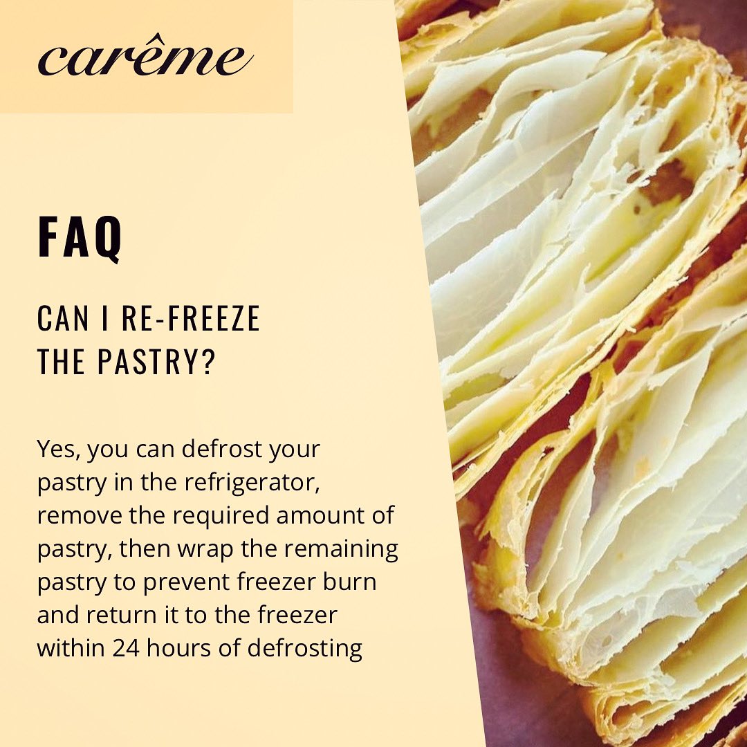 Wondering whether you can refreeze our pastry? This is a common question we get asked. And, yes, you can - just do so within 24hrs of defrosting. 👍

Got any other questions, please ask away! 🙋‍♀️