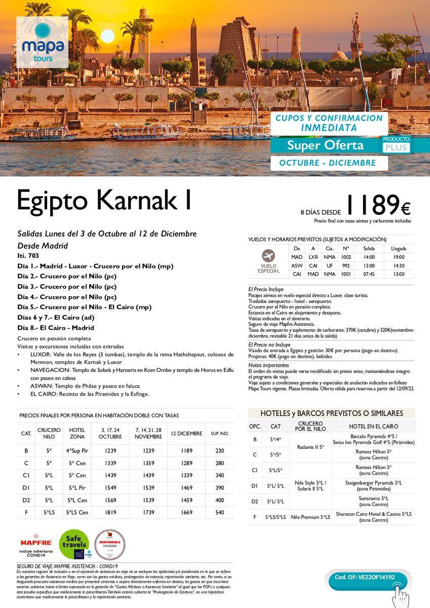Mapatours's tweet photo. Comienza una de las mejores épocas para viajar a #Egipto. ❤️

Reserva tu plaza en estos programas de 8 días, desde 1.139 € por persona.

✈️ Salidas desde #Madrid y #Barcelona de octubre a diciembre.

Reservas en #agenciasdeviajes. 😉

#MapaTours #mayorista #touroperador #ofertas https://t.co/09zxc2Cjzu