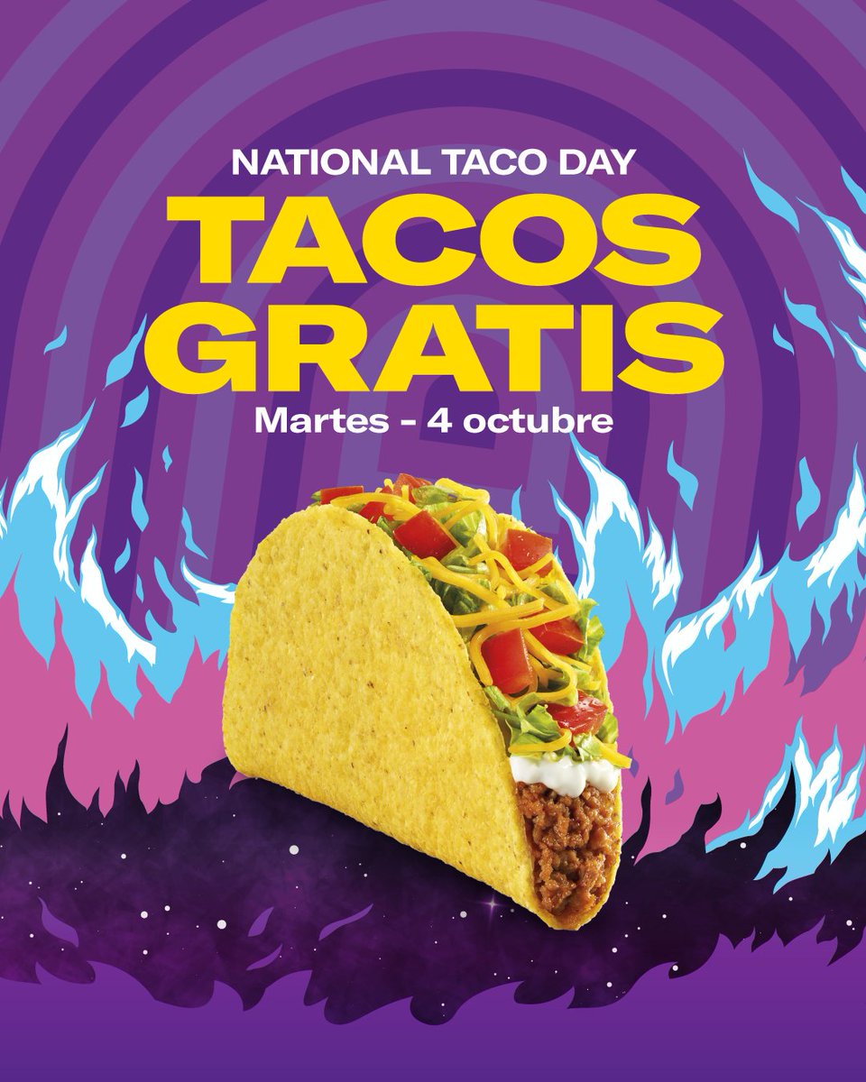 TacoBellSpain's tweet photo. No permitas que el 5 de octubre un colega te pregunte: “¿Qué pasó ayer?"

El martes 4 de octubre TACOS GRATIS en todos nuestros restaurantes. Sé el influencer que tu quieras y etiqueta aquí a tooooodo el mundo para que nadie se lo pierda. 🙌🙌 https://t.co/PYFx5ISdDh