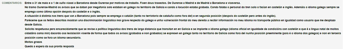 BlogDereitinho's tweet photo. Xa fai mais de tres meses que plantexei a queixa de abaixo pola discriminación que sufre o Galego nos trens de longa distancia de Renfe pero de momento nin mu. Repetireina a ver se me fan algo de caso. Qué magoa :( https://t.co/46NtdlG9wg