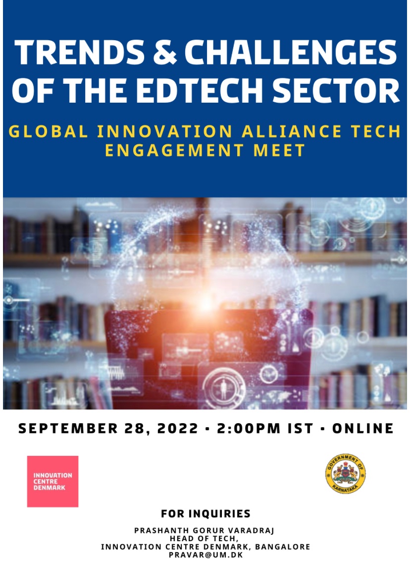 ICDKBangalore's tweet photo. #GIATEM on "#Trends &amp; #Challenges of the EdTech Sector". This session will include speeches by eminent members of the Indo-Danish #innovation ecosystem and the #EdTech sectors.  
Link to join in comments 
@eske_bo @drashwathcn @ITBTGoK @nasscom @Area9Lyceum @kutuki https://t.co/RrkLUA4ARK