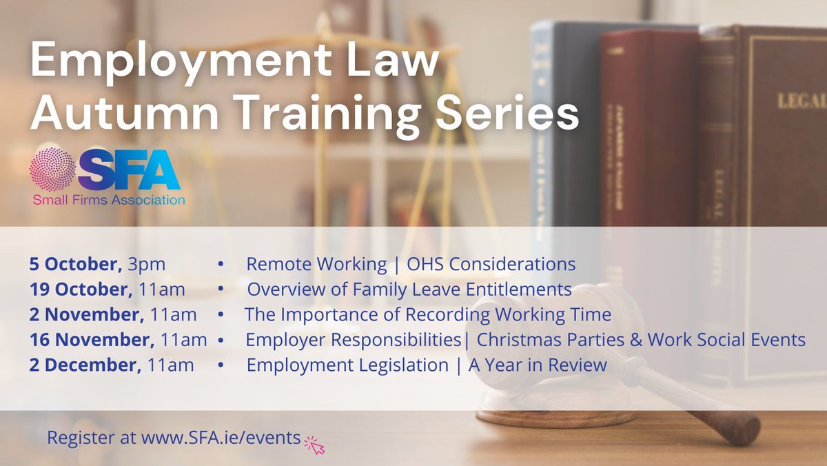 Join the <a href="/SFA_Irl/">Small Firms Association</a> for their #EmploymentLaw Autumn Training Series, commencing on 5 October, covering essential topics for all #smallbusinessowners.

Register here ⤵️
ibec.ie/sfa/news-insig…