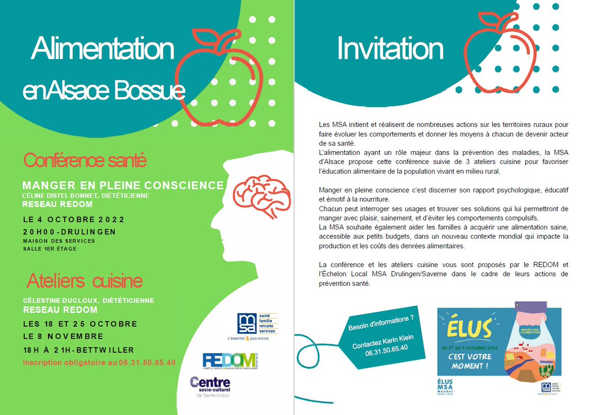 ars_grand_est's tweet photo. #Alimentation en #Alsace Bossue 
Conférence #santé "Manger en pleine conscience" 
le 4 octobre 20h à #Drulingen
Ateliers #Cuisine [Gratuit]
les 18 et 25 octobre et le 8 novembre 18h à 21h à #Bettwiller https://t.co/CNRhHbcPyc