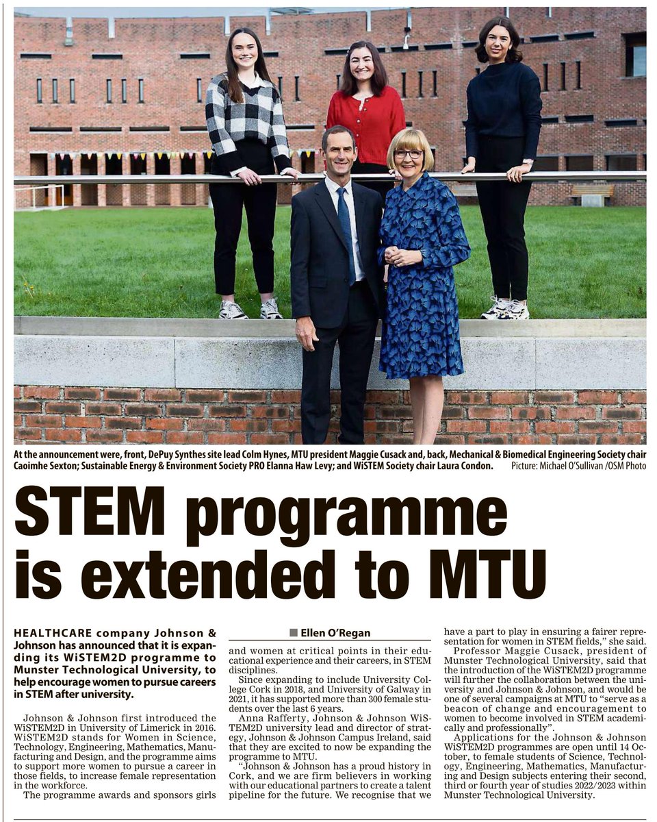 Norma Welch (@normawelchcork) on Twitter photo Delighted to see the Johnson & Johnson WISTEM2D programme launch on today's <a href="/echolivecork/">EchoLive.ie</a> with students from <a href="/MTUSTEMCork/">Faculty of Engineering & Science MTU Cork Campus</a> Sincere thank you to @DePuySynthes for their continued collaboration with the Faculty of Engineering & Science <a href="/MTU_ie/">Munster Technological University</a> <a href="/Maggie_Cusack/">Maggie Cusack</a> @timhorgan <a href="/ml_loftus/">Michael Loftus</a> Delighted to see the Johnson & Johnson WISTEM2D programme launch on today's <a href="/echolivecork/">EchoLive.ie</a> with students from <a href="/MTUSTEMCork/">Faculty of Engineering & Science MTU Cork Campus</a> Sincere thank you to @DePuySynthes for their continued collaboration with the Faculty of Engineering & Science <a href="/MTU_ie/">Munster Technological University</a> <a href="/Maggie_Cusack/">Maggie Cusack</a> @timhorgan <a href="/ml_loftus/">Michael Loftus</a>