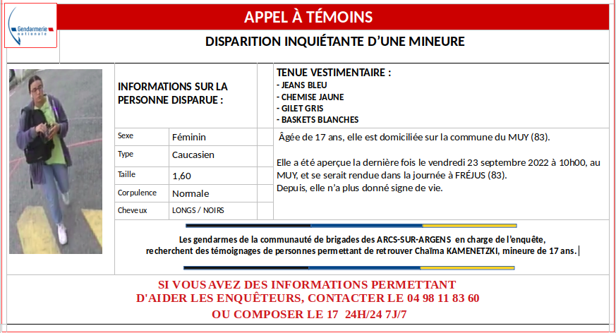 #AppelATémoins #Disparition inquiétante d'une mineure.
🙏 Merci pour votre aide en retweetant un maximum !