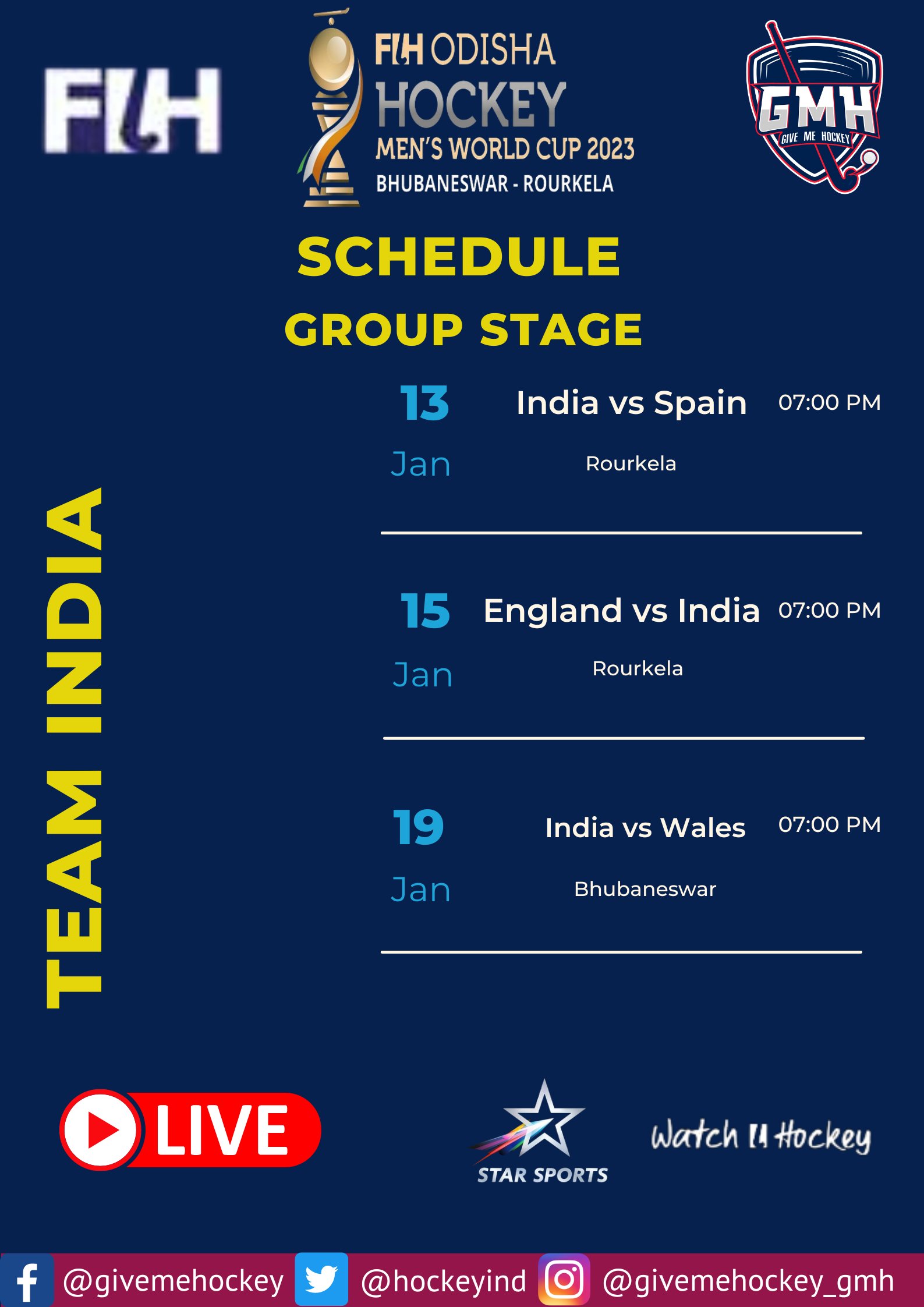 Give Me Hockey on Twitter Indias group stage schedule for mens Hockey  World Cup HWC2023 httpstco0RVJL1aUz7  Twitter