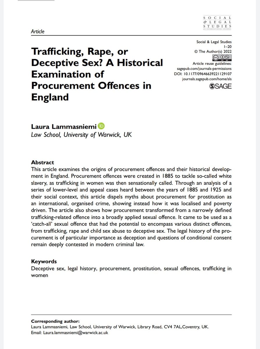 LLammasniemi's tweet photo. Why did deceptive sex become associated with procurement? My new article on how criminal courts tangled procurement, trafficking and rape. And it's  #openaccess! https://t.co/1ScJ6UPFkr https://t.co/MsRNkGlJub