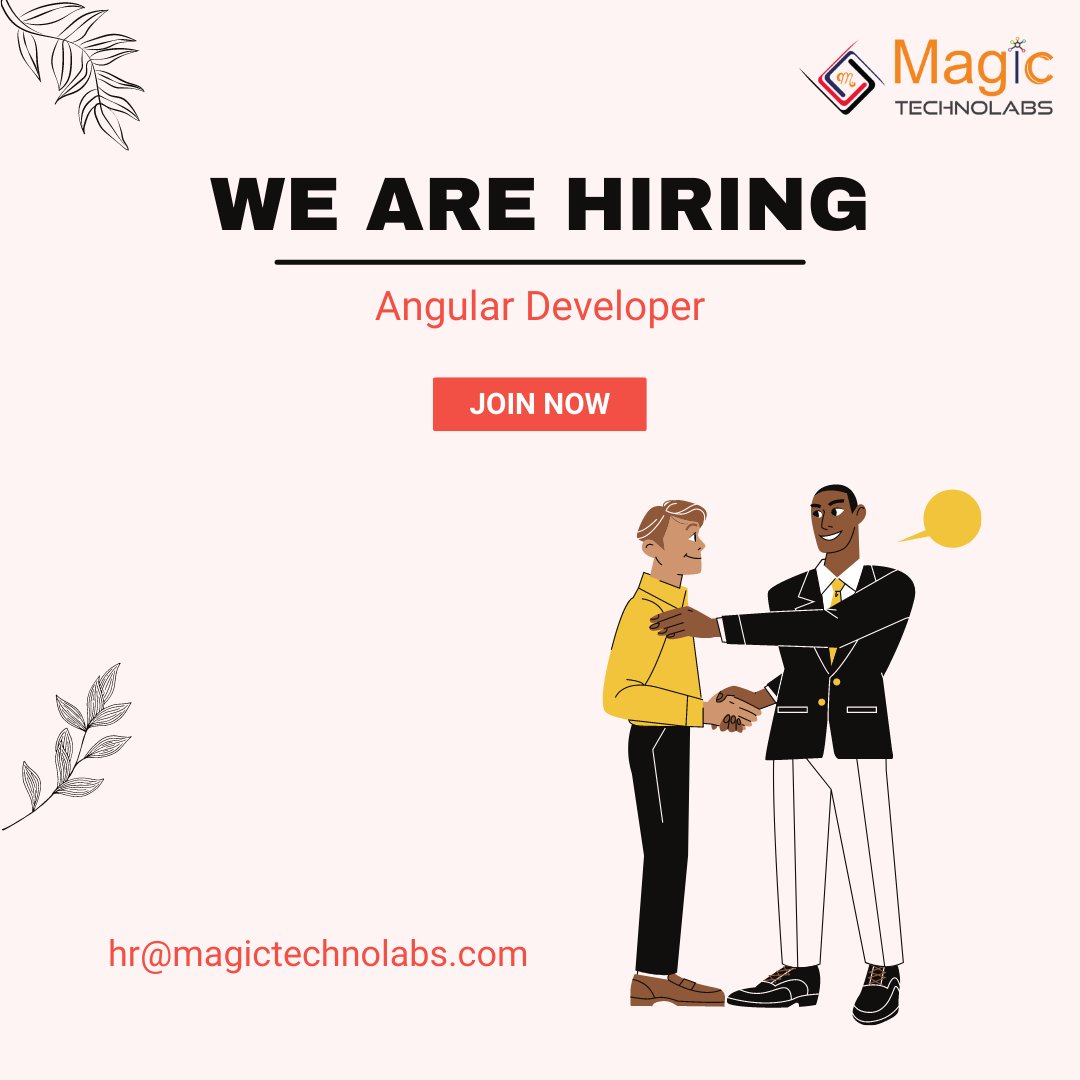 MagicTechnolabs's tweet image. 𝐇𝐢𝐫𝐢𝐧𝐠 𝐀𝐥𝐞𝐫𝐭 🚀

𝐏𝐨𝐬𝐢𝐭𝐢𝐨𝐧 : #Angular_Developer
𝐄𝐱𝐩𝐞𝐫𝐢𝐞𝐧𝐜𝐞: 1 - 4 years

𝐋𝐨𝐜𝐚𝐭𝐢𝐨𝐧: PrahladNagar, #Ahmedabad 🔅
𝐍𝐨𝐭𝐢𝐜𝐞 𝐏𝐞𝐫𝐢𝐨𝐝: Immediate joiner to 15 days

#Share resume : hr@magictechnolabs.com

#job #people #immediatejoiner