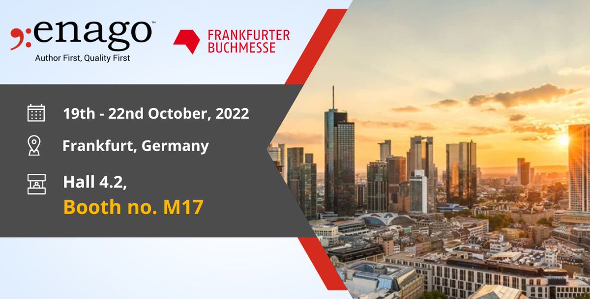 EnagoAcademy's tweet photo. We are excited to be participating in the Frankfurt Book Fair next month. Looking forward to connecting with the international publishing industry at this mega event. Drop by Hall 4.2, Booth no. M17 on Oct 19β22 at the exhibition venue. See you soon!
#Enago #fbm22 #TheHof https://t.co/1os8idA5da