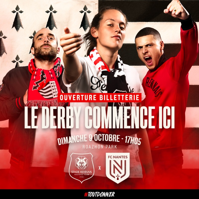 staderennais's tweet photo. [BILLETTERIE]

Le derby est de retour dans quelques jours au Roazhon Park ! 🔥 

🎟 La billetterie pour la réception du FC Nantes en @Ligue1UberEats est ouverte ⤵