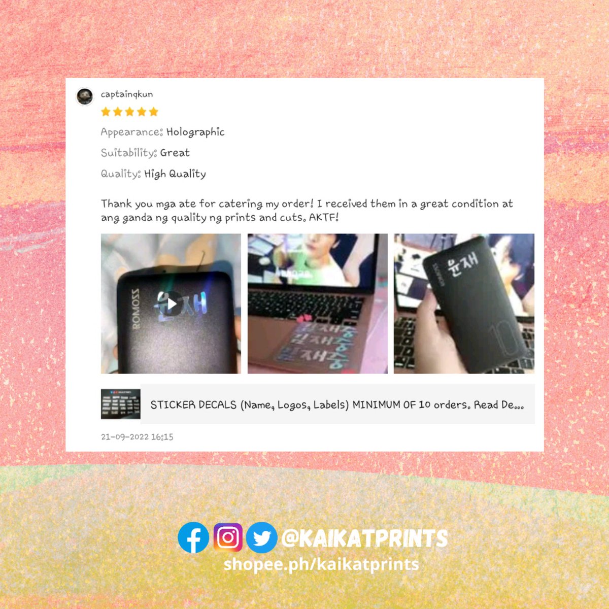 kaikatprints's tweet photo. Thank you for trusting our shop! 🥰

#김재중 #photocards #photocard #bubblehead #cupsleeve #thankyoucard #sticker #stickers #namedecals #handbanner #circlecard #memopad #prints #printshop #stickershop  #review #recommendation #satisfiedcustomer #kaikatprints #feedback https://t.co/g5EVx6vEfX
