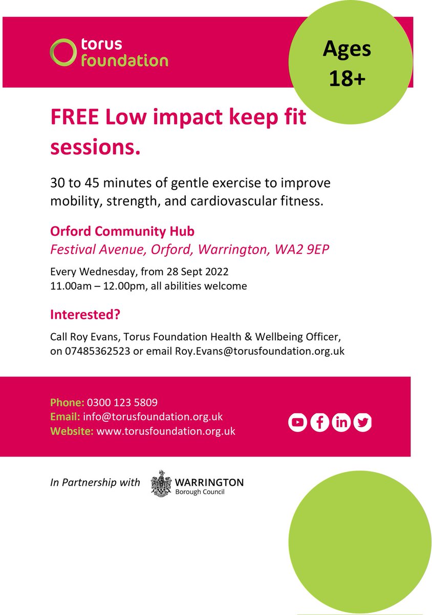 Free low impact keep fit sessions at Orford Community Hub every Wednesday 11am till 12 noon. Very well attended and by all abilities. There are still places available so come and join in. It may be the kick start you need.<a href="/TorusFoundation/">Torus Foundation</a>
