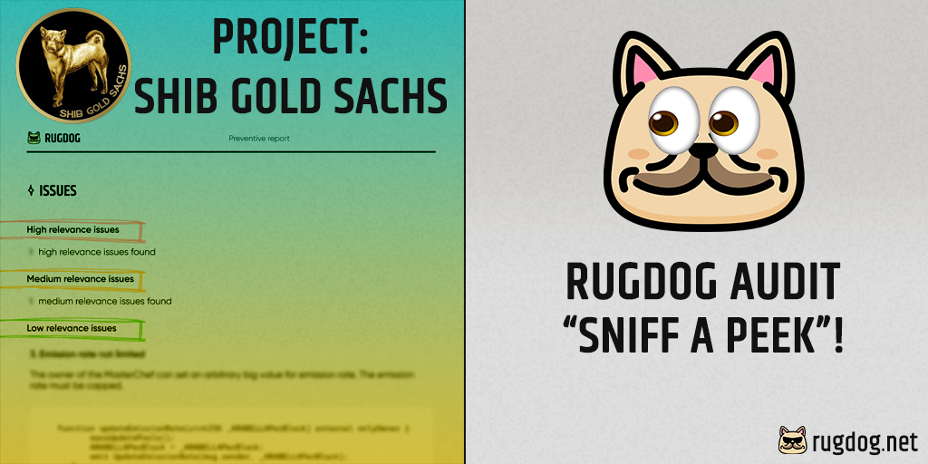 rugdognet's tweet photo. Woof woof! Your project's best friend, #RugDog, has sniffed out any and all vulnerabilities in your smart contracts, @ShibGoldSachs!
Sneak Peek: https://t.co/7ZqMoDZvfr
To get your full audit report, contact us at https://t.co/pHAL53FzAl or the@rugdog.net and stay protected! https://t.co/li5NINHqzi