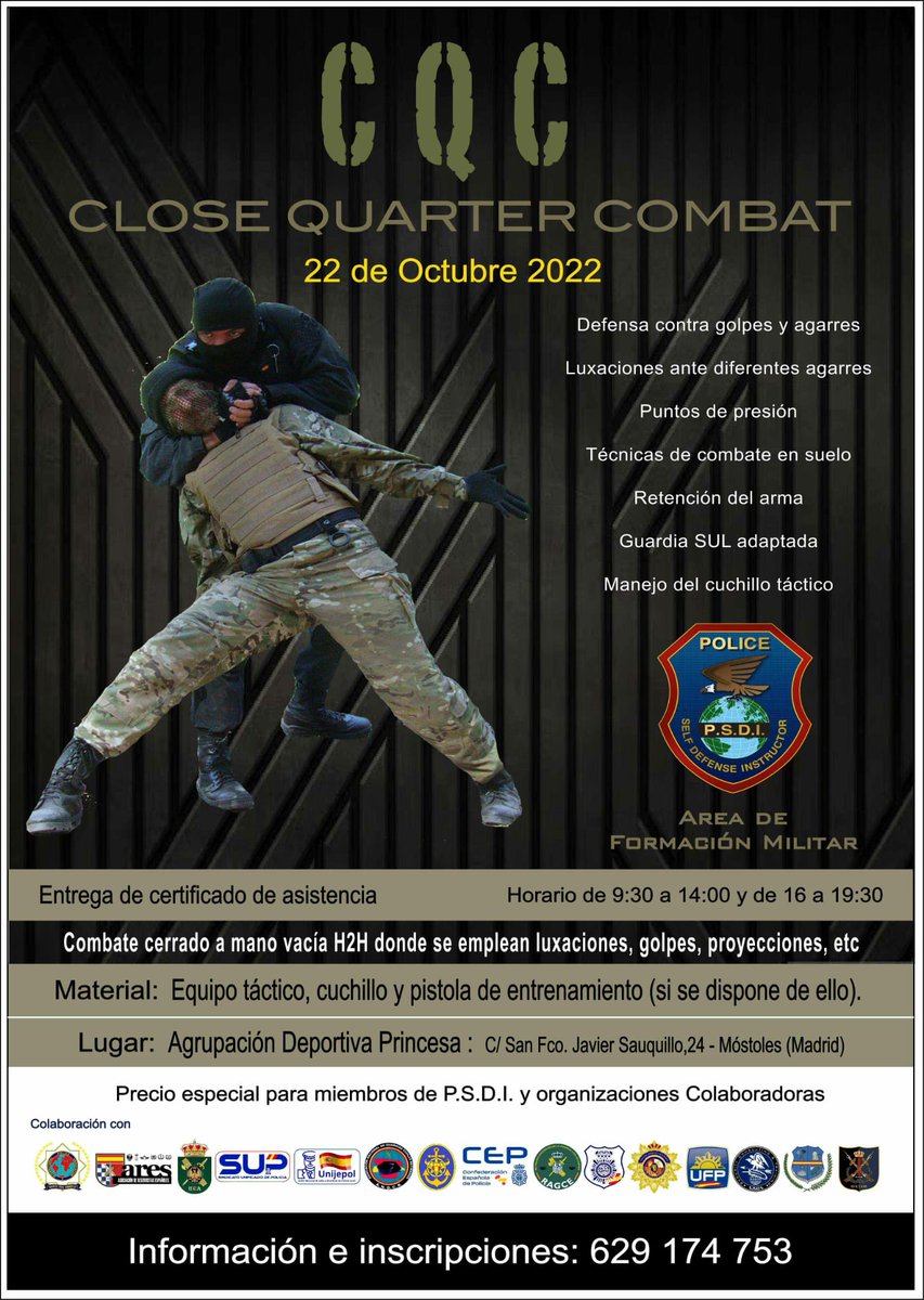 sup_formacion's tweet photo. FÓRMATE EN COMBATE CERRADO CON PSDI
📌Con P.S.D.I.- España, l@s afiliad@s 👮‍♀️👮 al SUP  podrán formarse en combate cerrado y manejo de cuchillo táctico, a un precio 💶 especial.
Enlace ➡️ https://t.co/2O1UyrP7XM
Afíliate: https://t.co/rDdvhPiRjT
#SUPLíderEnFormación https://t.co/AOfkEWFXuH