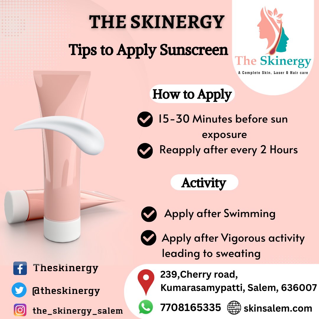 theskinergy's tweet image. Tips to Apply Sunscreen 

#skinergy #dermatologist#cosmetology #sunscreen #faceproblems #salem #TREATMENT #spf #skincare #naturalbeauty#facial #organic #seram #hair #solutions#naturalskincare #HealthCare#beautytips #beauty#beautycare #sunshine #facial